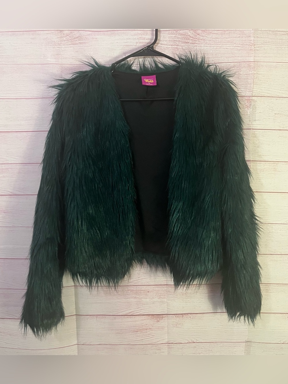 Dreamworks Trolls Green Open Front Faux Fur Jacket Size Medium